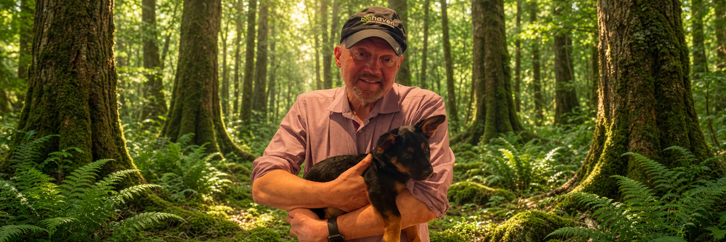 Jim Cramer holding Nvidia the dog in the forest